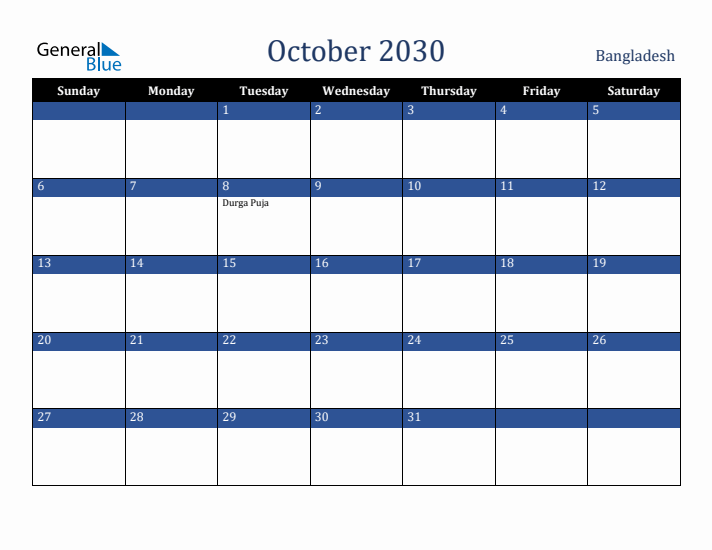 October 2030 Bangladesh Calendar (Sunday Start)