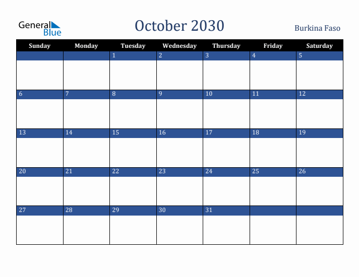 October 2030 Burkina Faso Calendar (Sunday Start)