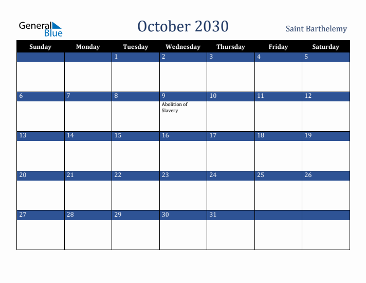 October 2030 Saint Barthelemy Calendar (Sunday Start)