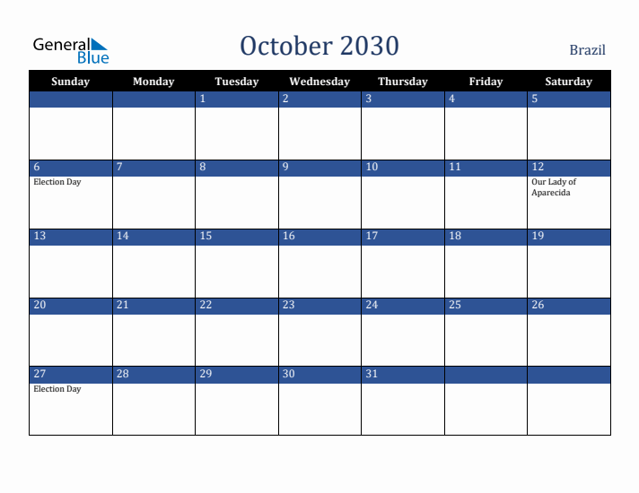 October 2030 Brazil Calendar (Sunday Start)