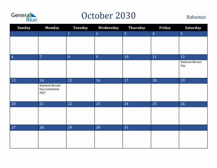 October 2030 Bahamas Calendar (Sunday Start)