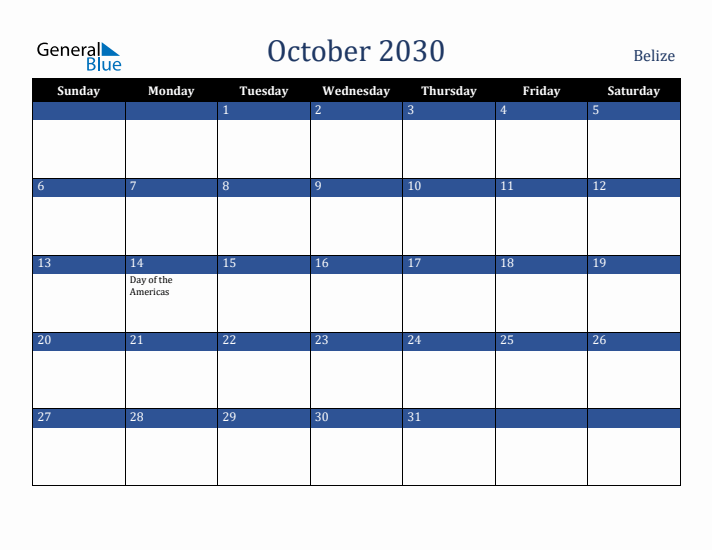 October 2030 Belize Calendar (Sunday Start)