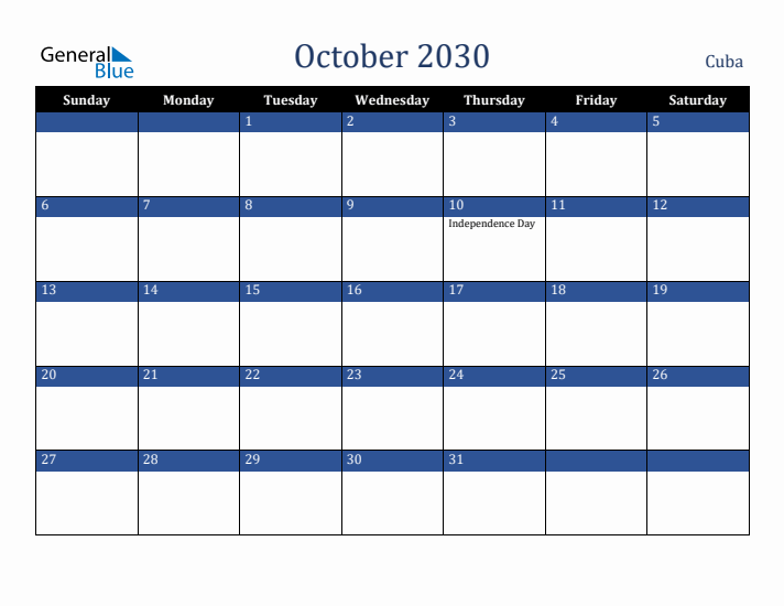 October 2030 Cuba Calendar (Sunday Start)