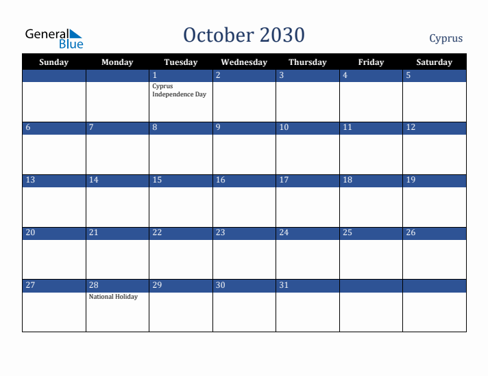 October 2030 Cyprus Calendar (Sunday Start)