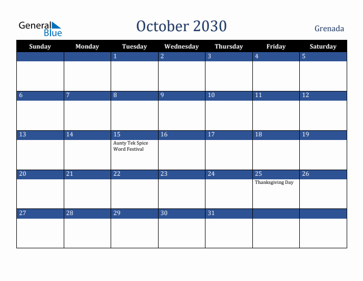 October 2030 Grenada Calendar (Sunday Start)