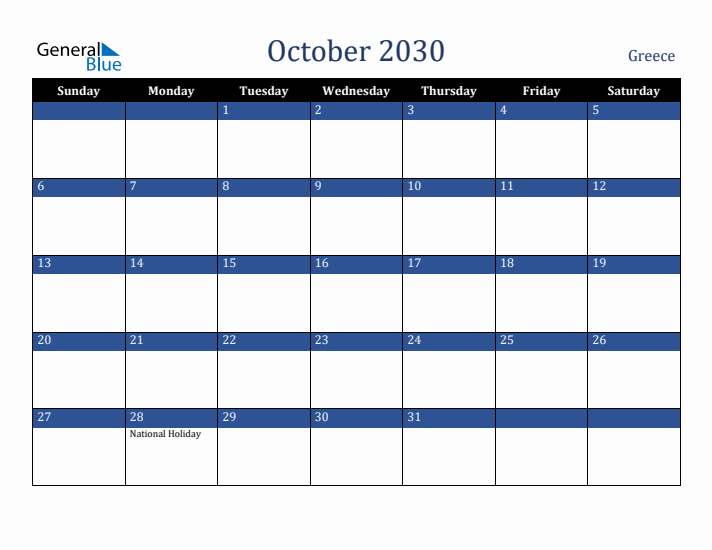 October 2030 Greece Calendar (Sunday Start)