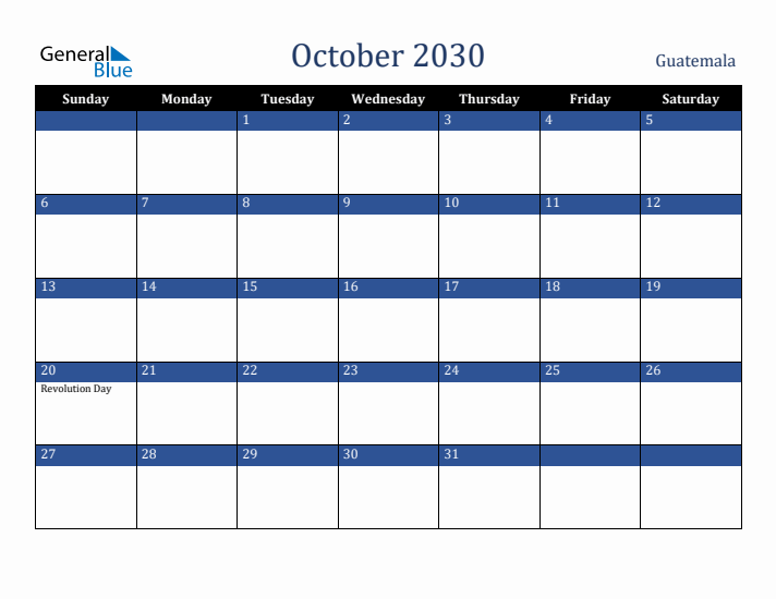 October 2030 Guatemala Calendar (Sunday Start)