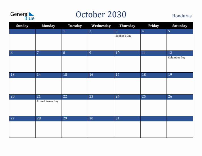 October 2030 Honduras Calendar (Sunday Start)