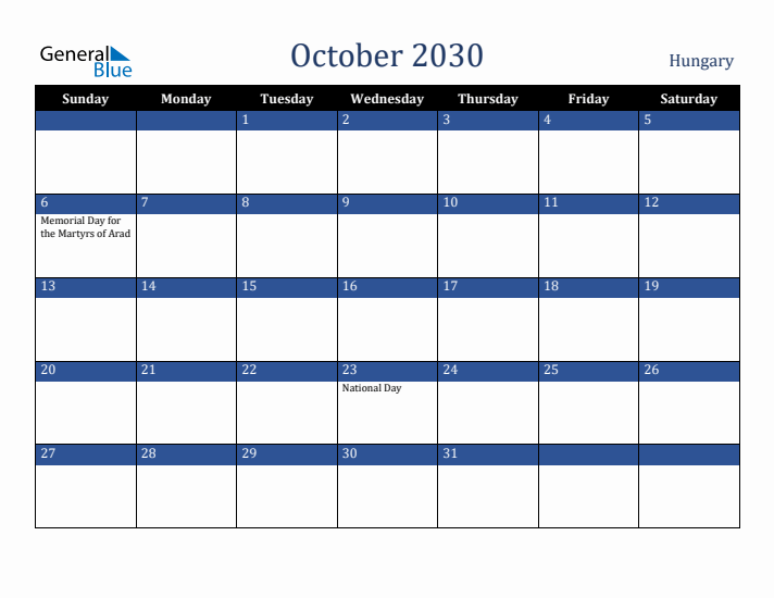 October 2030 Hungary Calendar (Sunday Start)