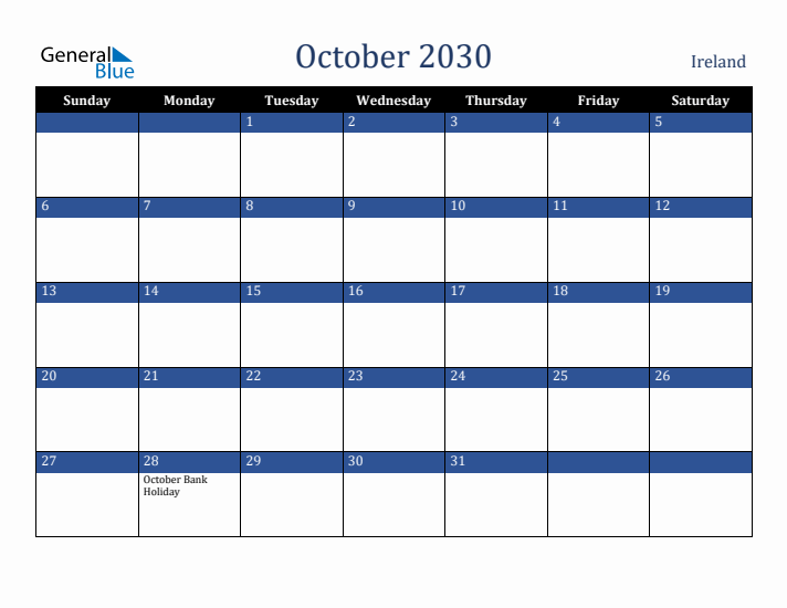 October 2030 Ireland Calendar (Sunday Start)