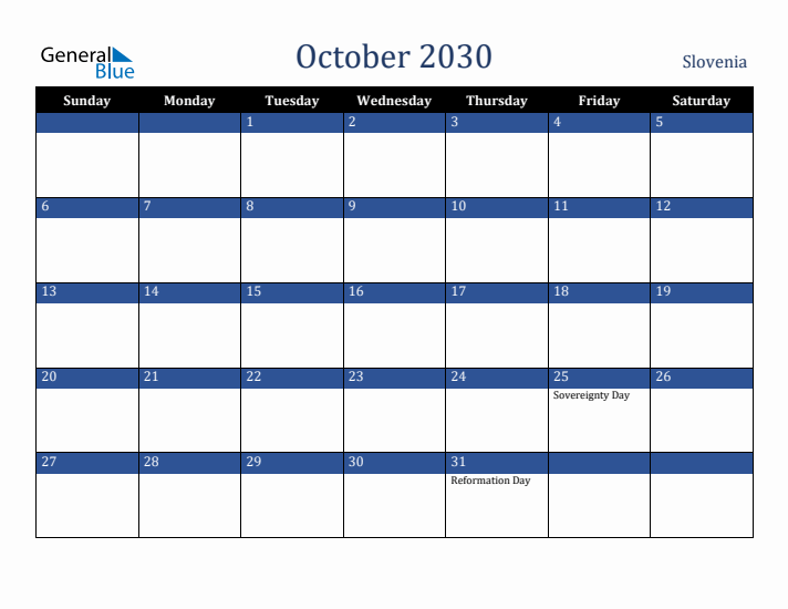 October 2030 Slovenia Calendar (Sunday Start)