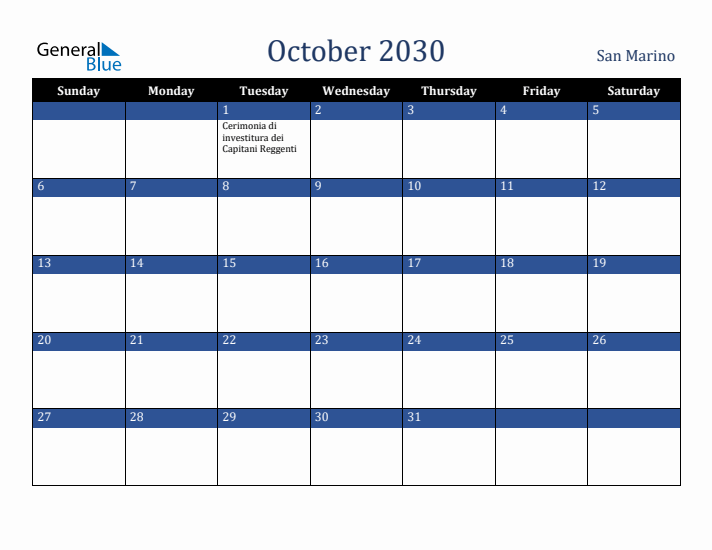 October 2030 San Marino Calendar (Sunday Start)
