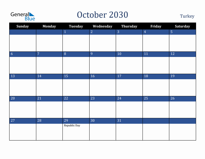 October 2030 Turkey Calendar (Sunday Start)