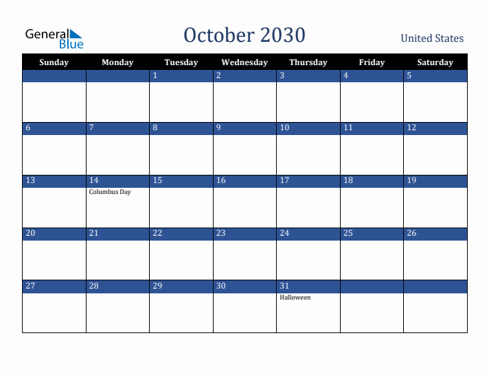 October 2030 United States Calendar (Sunday Start)