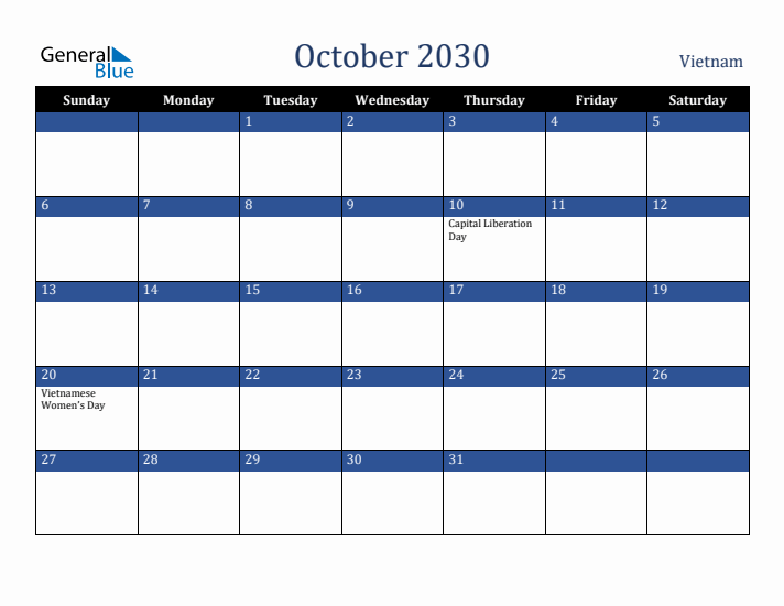 October 2030 Vietnam Calendar (Sunday Start)
