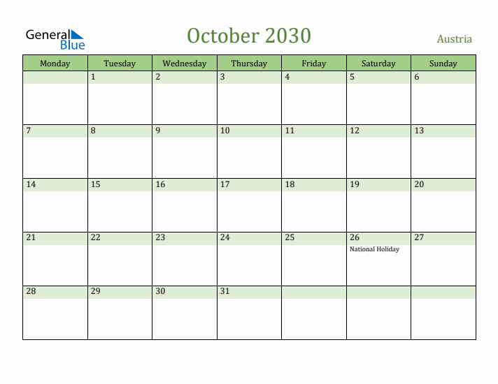 October 2030 Calendar with Austria Holidays