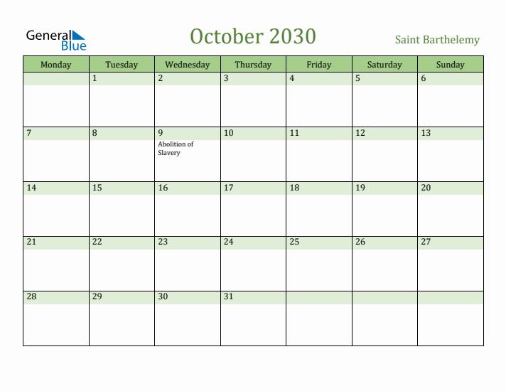 October 2030 Calendar with Saint Barthelemy Holidays