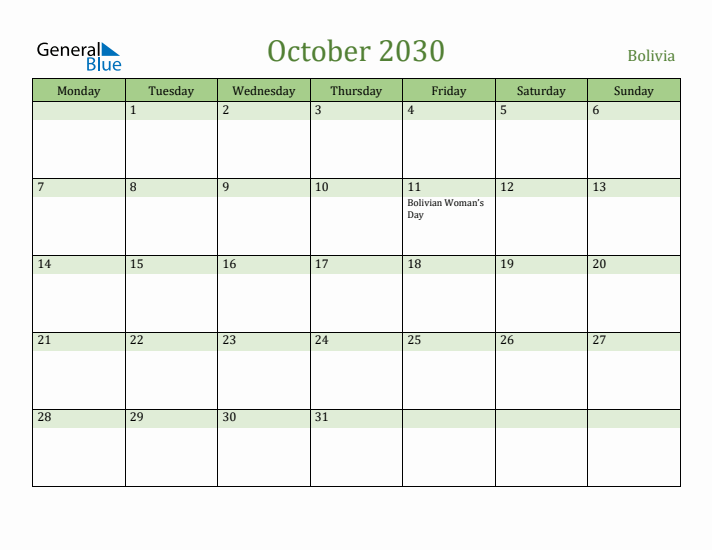 October 2030 Calendar with Bolivia Holidays