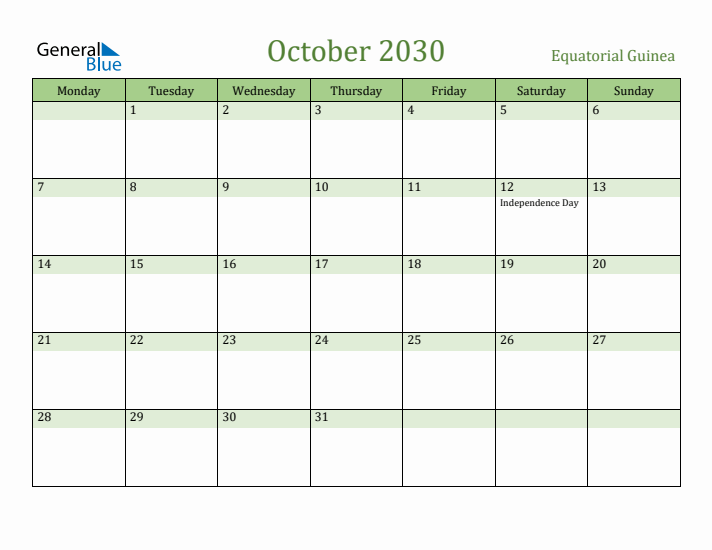 October 2030 Calendar with Equatorial Guinea Holidays