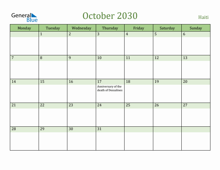 October 2030 Calendar with Haiti Holidays