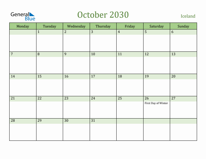 October 2030 Calendar with Iceland Holidays