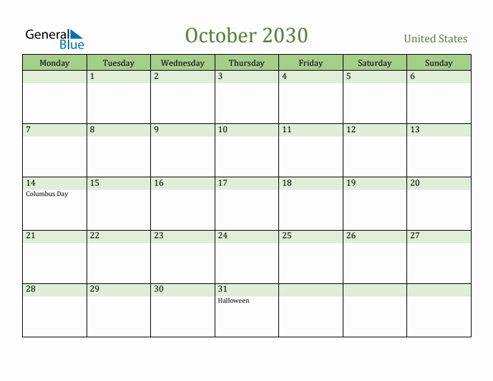 October 2030 Calendar with United States Holidays