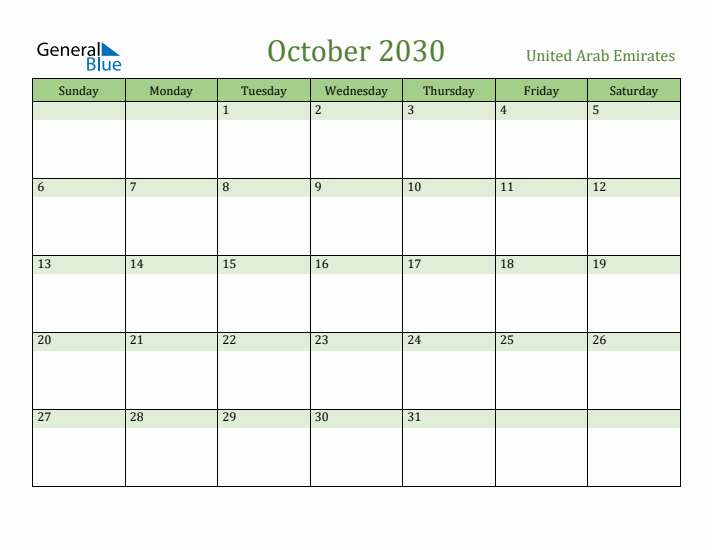 October 2030 Calendar with United Arab Emirates Holidays