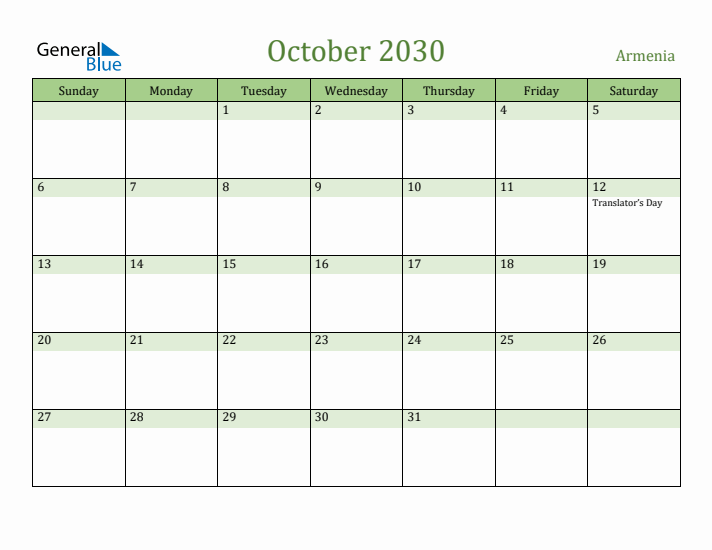 October 2030 Calendar with Armenia Holidays