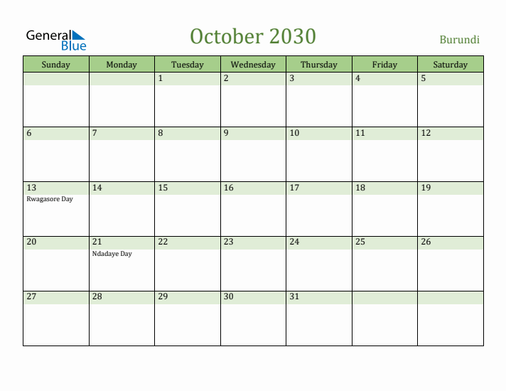 October 2030 Calendar with Burundi Holidays
