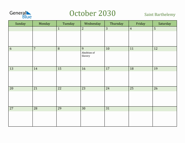 October 2030 Calendar with Saint Barthelemy Holidays