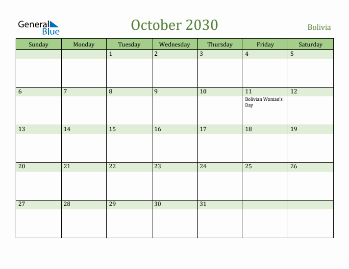 October 2030 Calendar with Bolivia Holidays