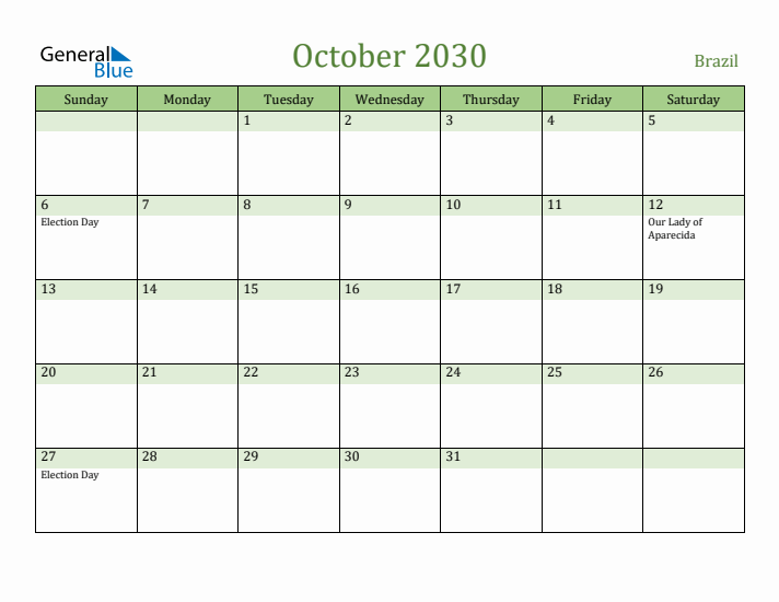 October 2030 Calendar with Brazil Holidays