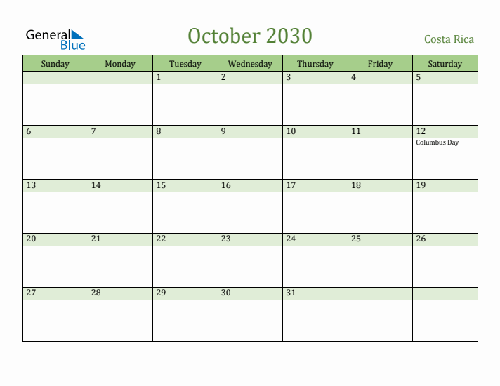 October 2030 Calendar with Costa Rica Holidays
