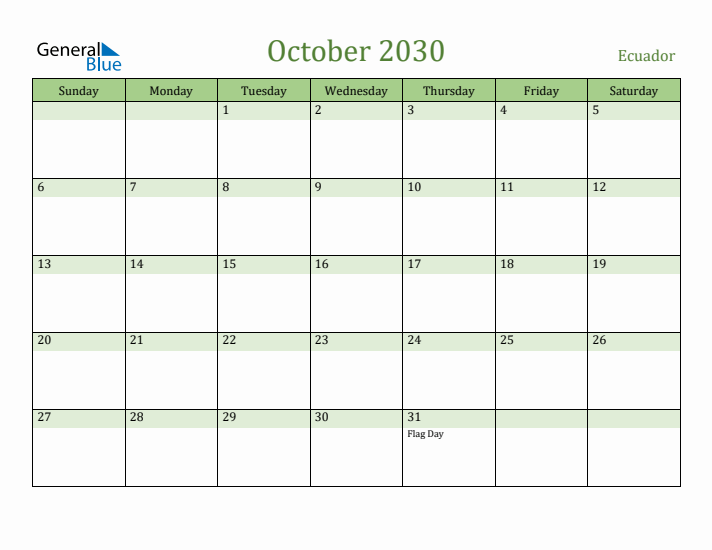October 2030 Calendar with Ecuador Holidays