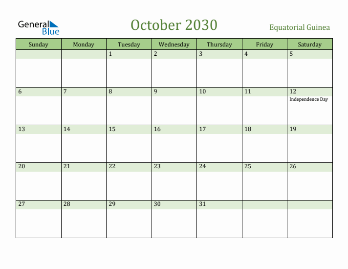 October 2030 Calendar with Equatorial Guinea Holidays