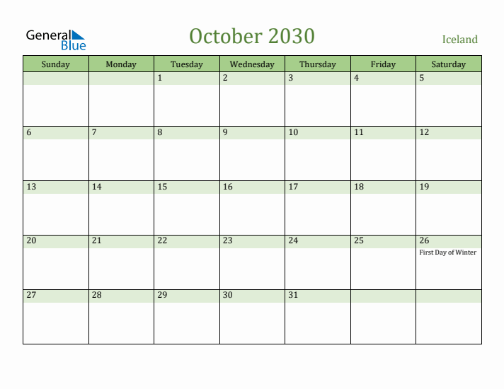 October 2030 Calendar with Iceland Holidays