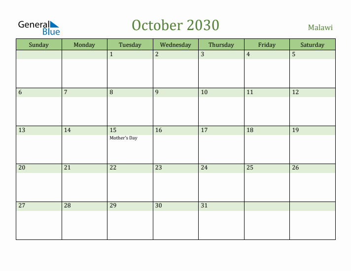 October 2030 Calendar with Malawi Holidays
