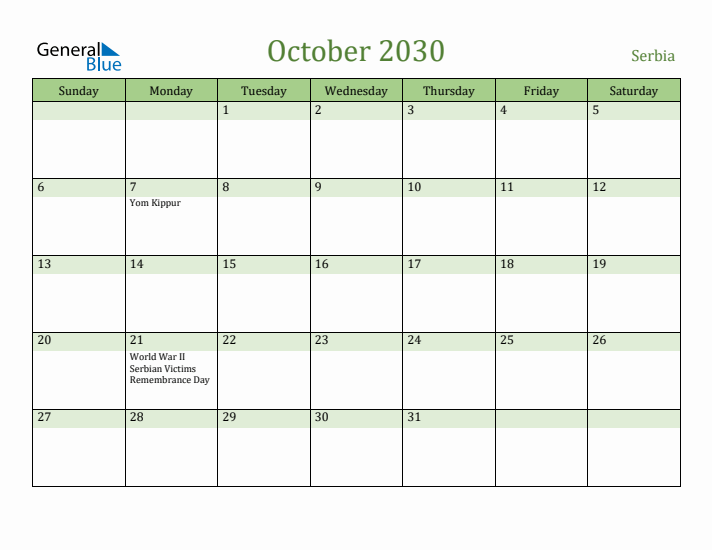 October 2030 Calendar with Serbia Holidays