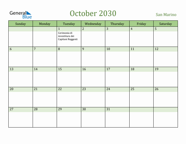 October 2030 Calendar with San Marino Holidays