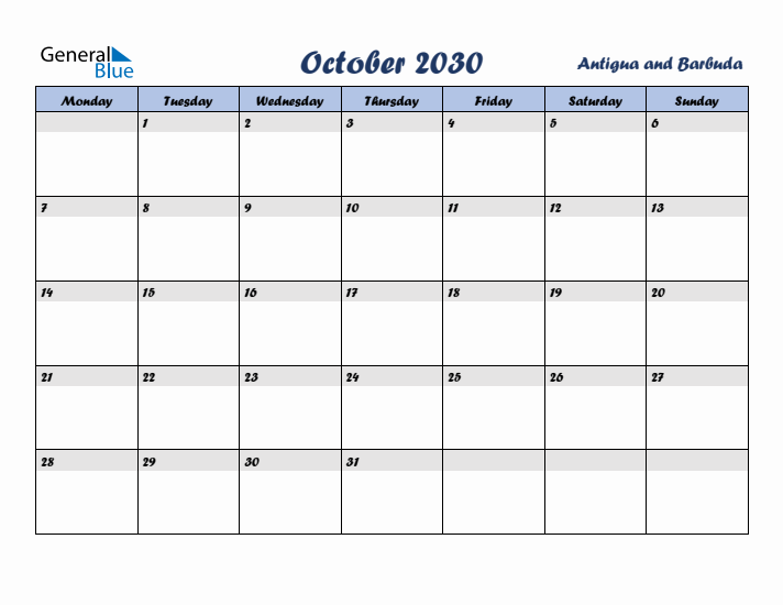 October 2030 Calendar with Holidays in Antigua and Barbuda