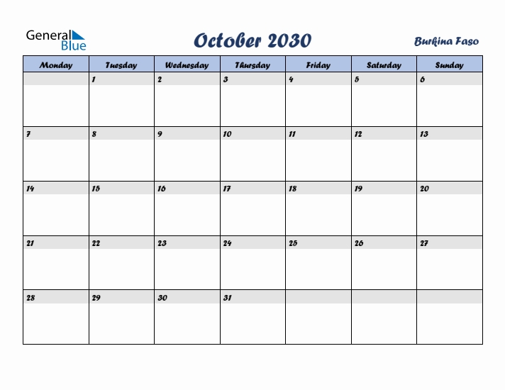 October 2030 Calendar with Holidays in Burkina Faso