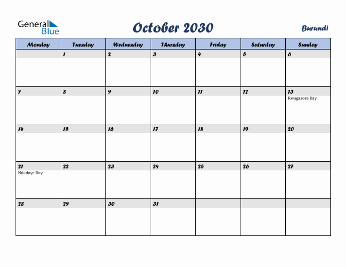 October 2030 Calendar with Holidays in Burundi