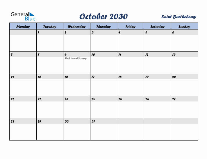 October 2030 Calendar with Holidays in Saint Barthelemy