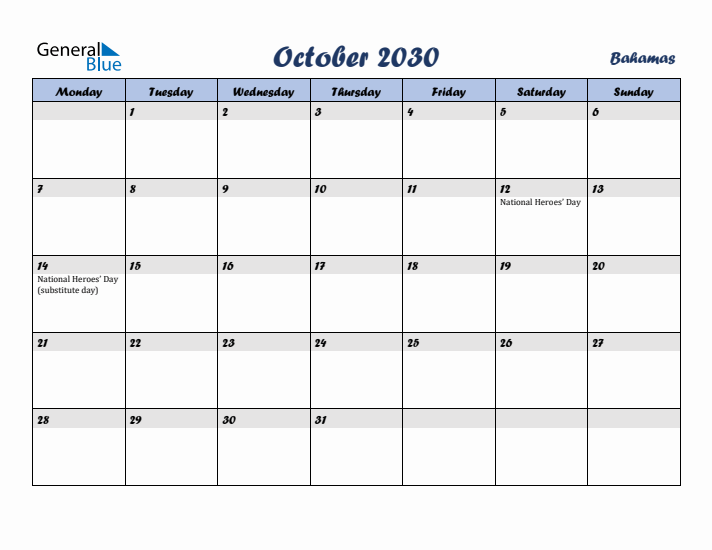 October 2030 Calendar with Holidays in Bahamas