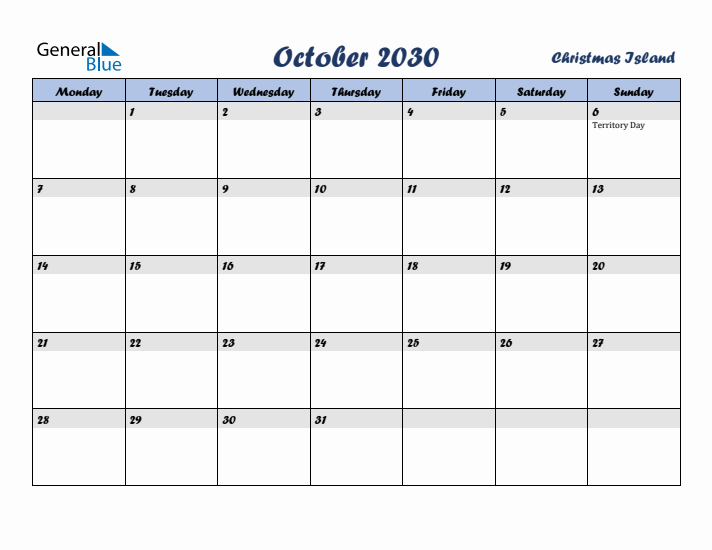 October 2030 Calendar with Holidays in Christmas Island