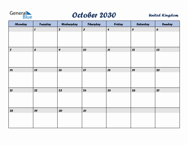 October 2030 Calendar with Holidays in United Kingdom
