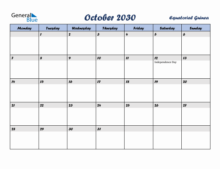 October 2030 Calendar with Holidays in Equatorial Guinea