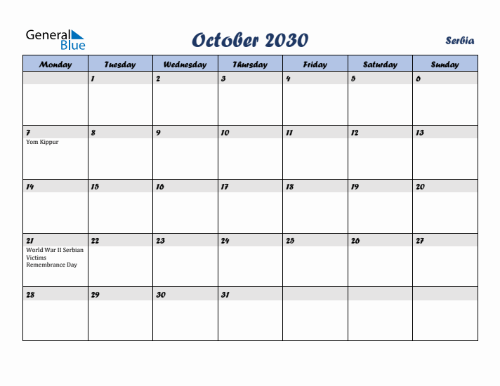 October 2030 Calendar with Holidays in Serbia