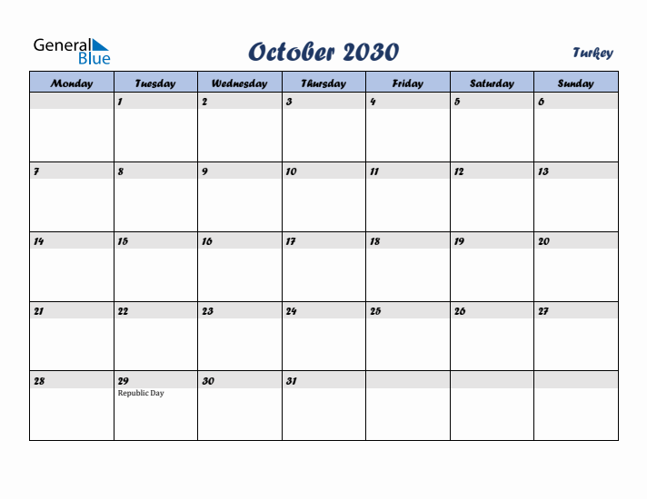 October 2030 Calendar with Holidays in Turkey