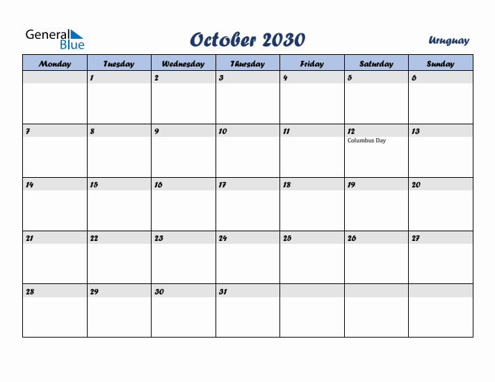 October 2030 Calendar with Holidays in Uruguay